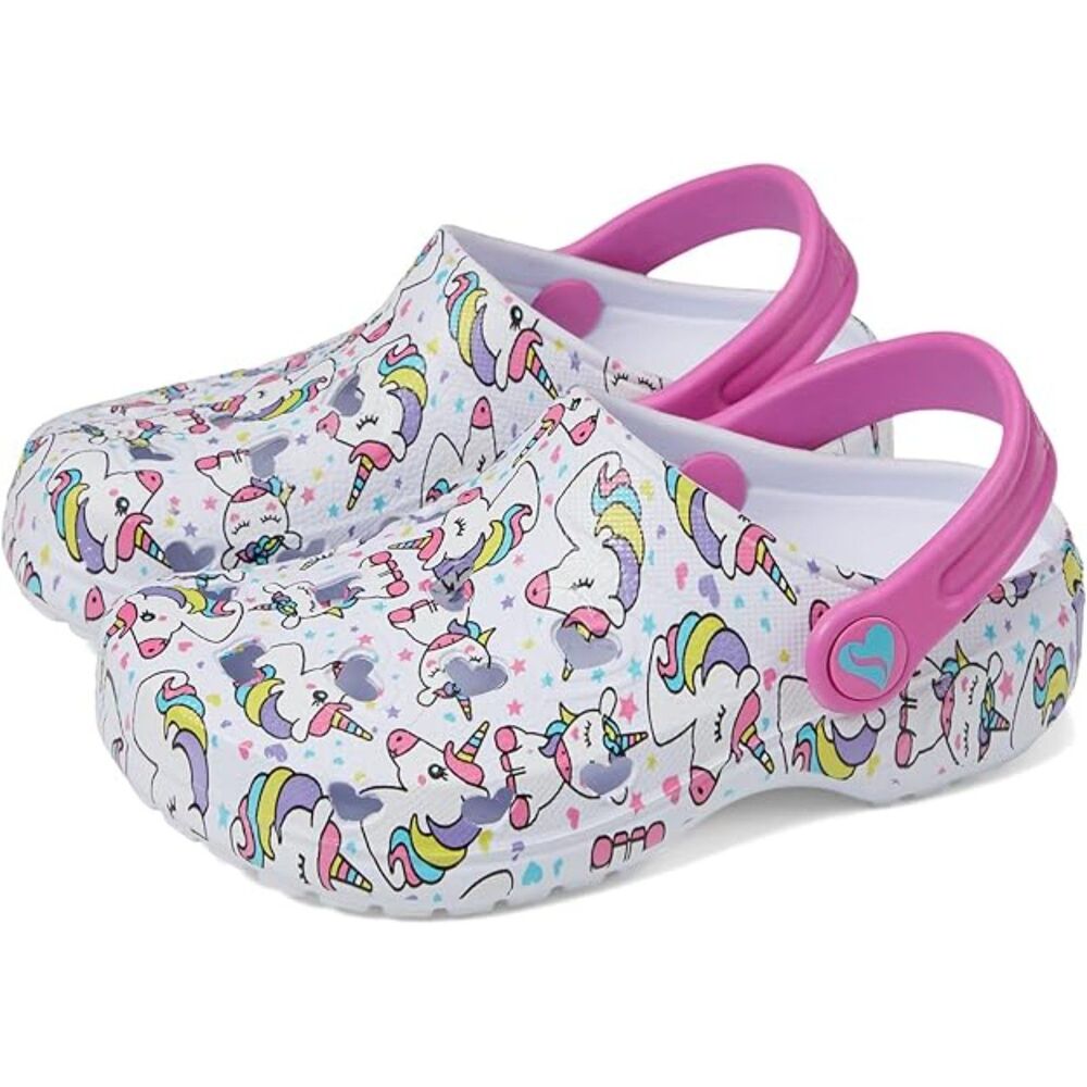 Skechers Foamies Sweetheart Girls Pink White Unicorn Slip On Clog Shoes Size 2